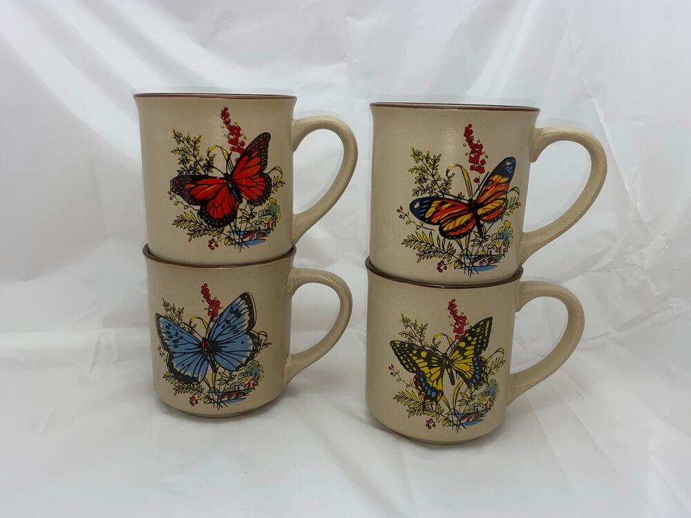 Vintage Unbranded Speckled Ceramic Butterfly Mugs Set of 4 1970s Retro Cottage